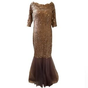 Tadashi Shoji Brown Sequin Embellished Off The Shoulder Gown Size 10 Flaw